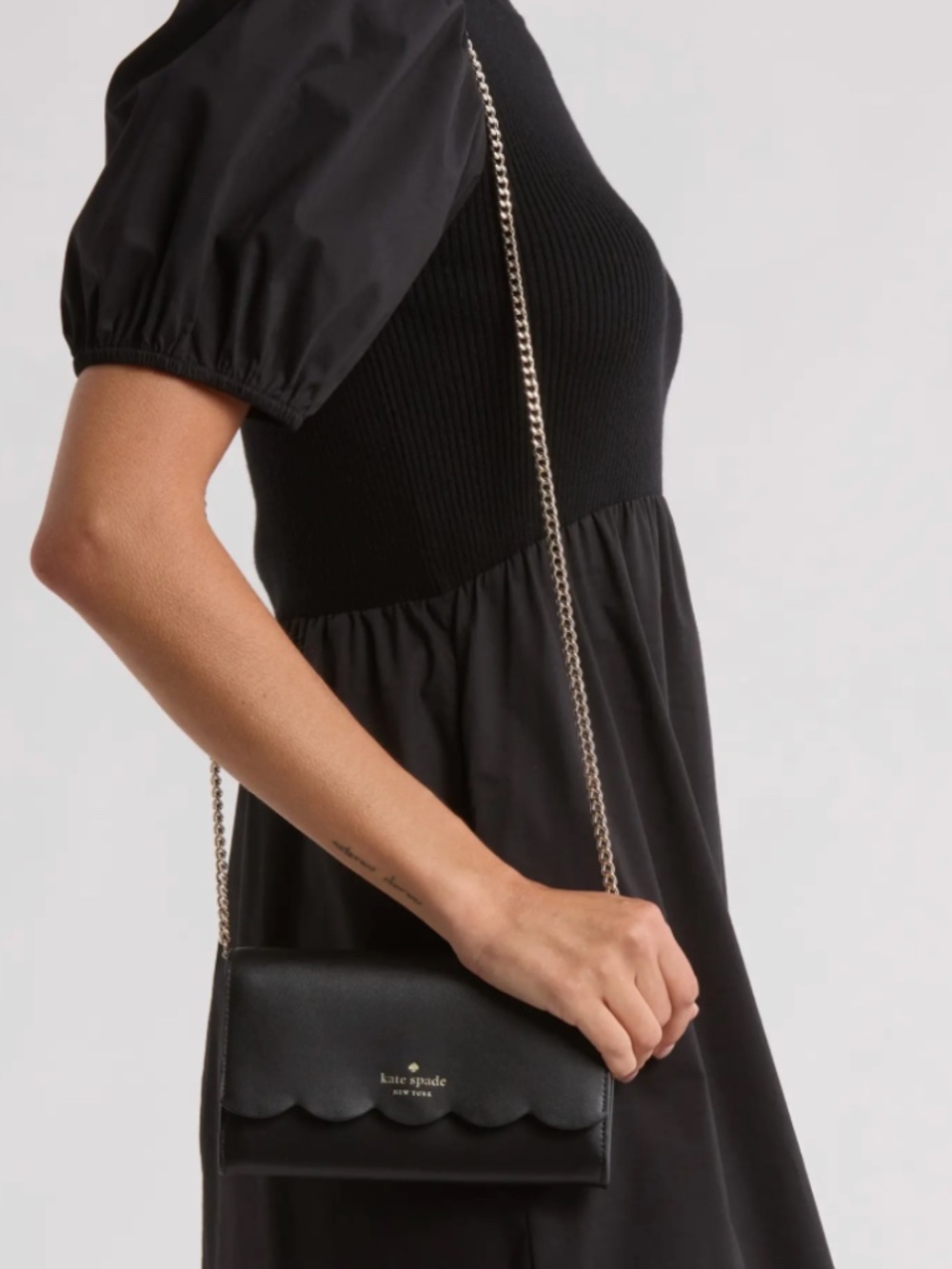 kate spade Gemma Black Leather Scalloped Crossbody Wallet on a Gold Chain NEW